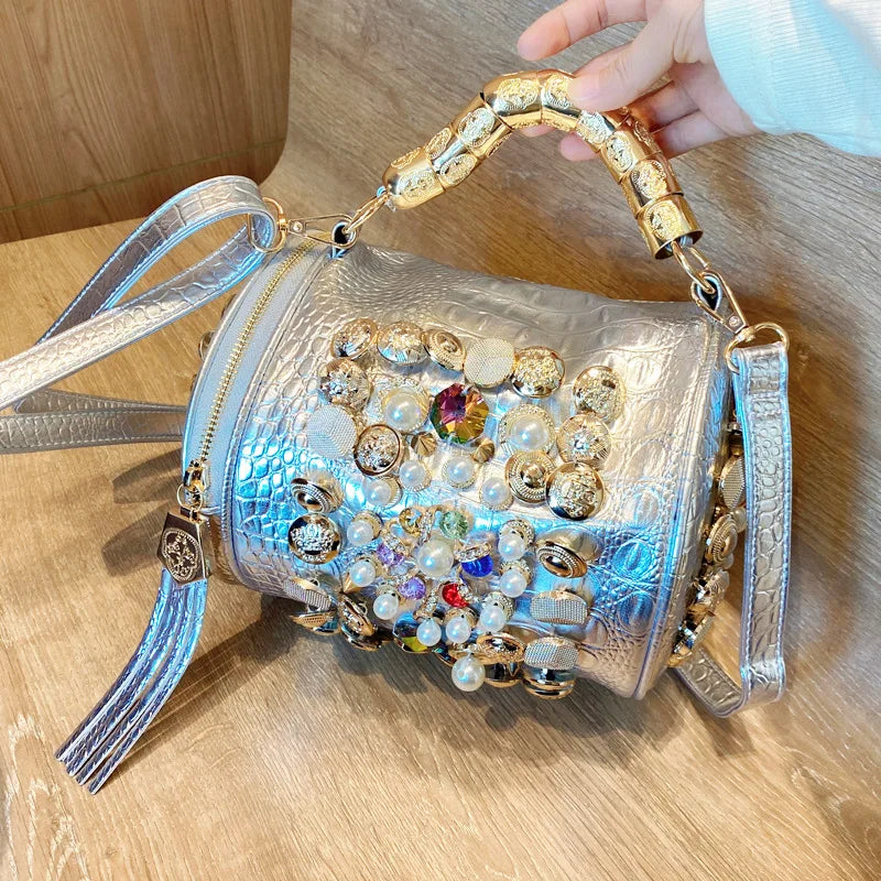 New Women's Bag Cylinder Handmade Shoulder Bag Water Diamond Bag Versatile One Shoulder Crossbody Bag Pillow Bag