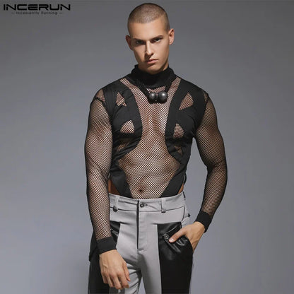 2023 Body pour hommes en maille patchwork sexy col roulé à manches longues t-shirts streetwear transparent mode body pour hommes INCERUN