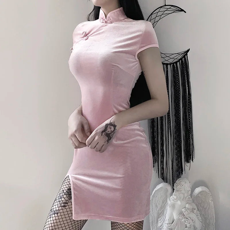 Goth Dark Women Dress Cheongsam Chinese Style Skinny Mini Dress Streetwear Sexy Vintage Haraiuku Summer Women Clothing Slim 2023