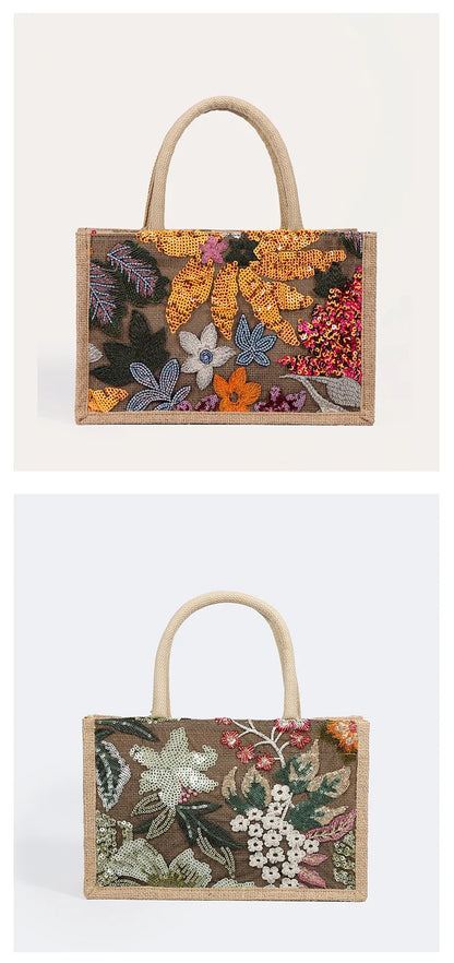 Sac fourre-tout brodé à paillettes tendance, petit sac à main élégant à fleurs pour femmes, sacs de plage d'été décontractés, sac cartable de vacances 2024