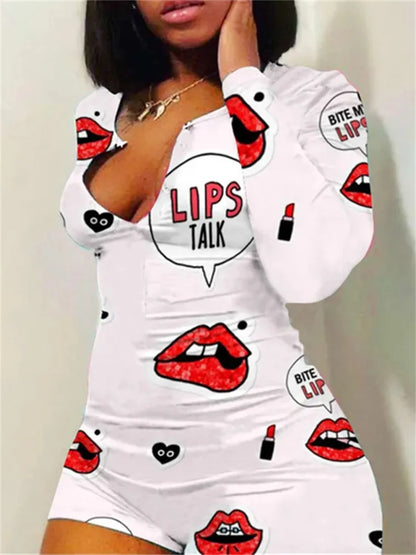 Sexy Women V-neck Bodycon Sleepwear Jumpsuit Bodysuit Shorts Romper Bodysuit Leotard Button Bodysuit 2020 Print Long Sleeve Lips