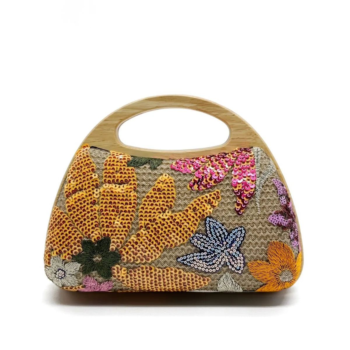 Shinny Sequins Embroidery Clutch Bag for Women Wooden Handle Handbags Flower Shoulder Crossbody Bag Luxury Evening Party Purses