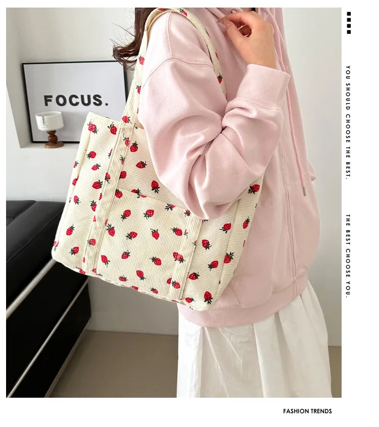 Sac fourre-tout décontracté à motif de fraises, grande capacité, sacs à bandoulière pour femmes, sacs à main chics et simples, grand sac de courses en nylon, sacs à main pour étudiants