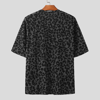 2024 Camiseta para hombre con estampado de leopardo, cuello redondo, manga corta, ropa de moda para hombre, ropa de calle, camisetas sueltas informales de verano, INCERUN