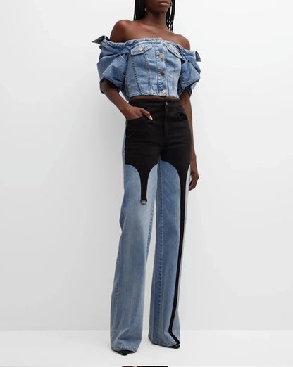 DEAT Fashion Pantalon en jean pour femme taille haute avec coutures contrastées noires et bleues, longueur au sol, jambes larges, automne 2024, nouveau 7AB763