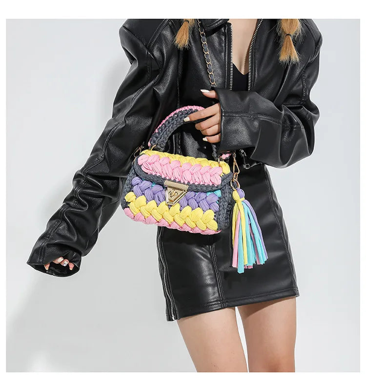 Fashion Colorful Crochet Women Handbags Trend Handmade Woven Chains Shoulder Crossbody Bag Small Flap Female Purses 2024