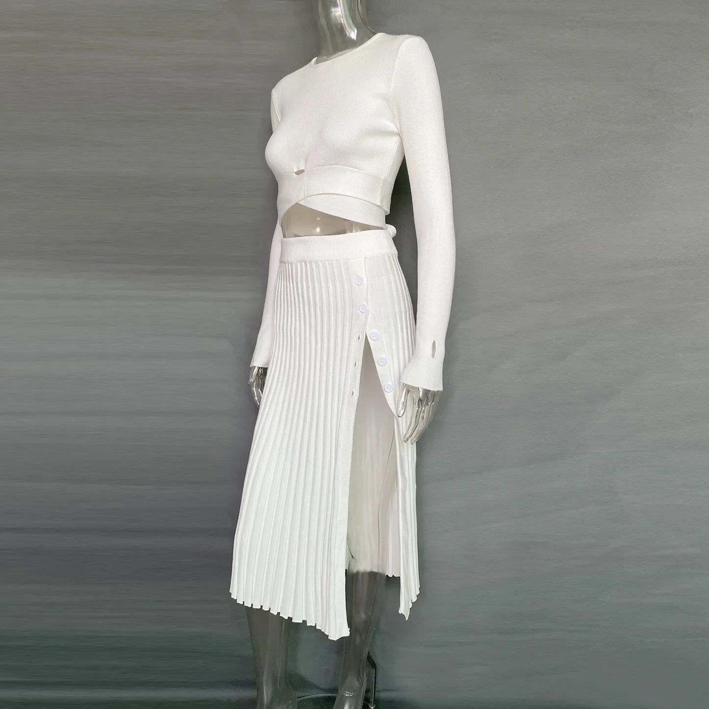 New White Knit Two Piece Women Sets Fall Ribbed Crop Top And Pleated Knitted Skirt Suits For Women Midi Dress Sets 2022