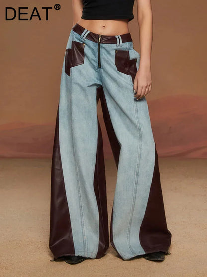 DEAT Fashion Pantalones vaqueros de cuero con contraste y parches lavados para mujer, pantalones vaqueros de cintura alta, rectos y de pierna ancha, primavera 2024, nuevos 7AB3202