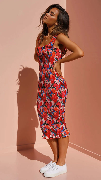 Vestido de verano sexy para mujer, con tirantes y estampado floral, largo medio, con dobladillo con volantes, vestido ajustado de largo medio para mujer