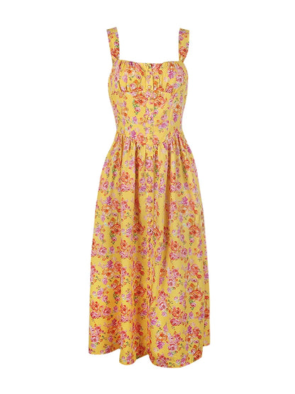 Suninheart - Vestido de fiesta elegante de verano con estampado floral, midi, con bolsillo, espalda amarilla, con cordones, informal, 2023