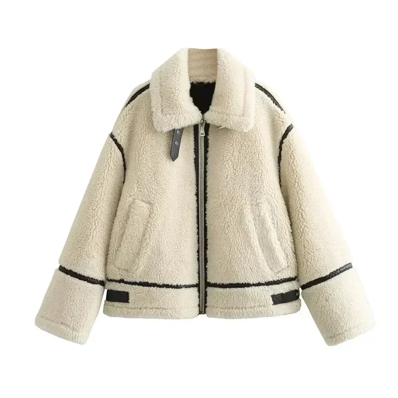 Suninheart Chaqueta de piel sintética de otoño e invierno con cremallera para mujer, chaquetas cálidas de manga larga, abrigo informal con solapa, abrigo frío de alta calidad