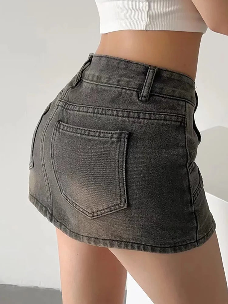 DEAT Mode Femmes Jupe A-ligne Épissé UltraShort Denim Poche Taille Haute Mince Couleur Unie Jupes Printemps 2024 Tendance Nouvelle 17A5641