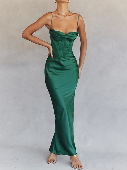 Vestido maxi verde ajustado sexy para eventos de celebridades, vestidos de fiesta de noche de graduación, vestidos de satén con cuello en V y tirantes finos para mujer, verano 2022