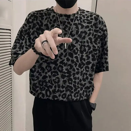 2024 Camiseta para hombre con estampado de leopardo, cuello redondo, manga corta, ropa de moda para hombre, ropa de calle, camisetas sueltas informales de verano, INCERUN