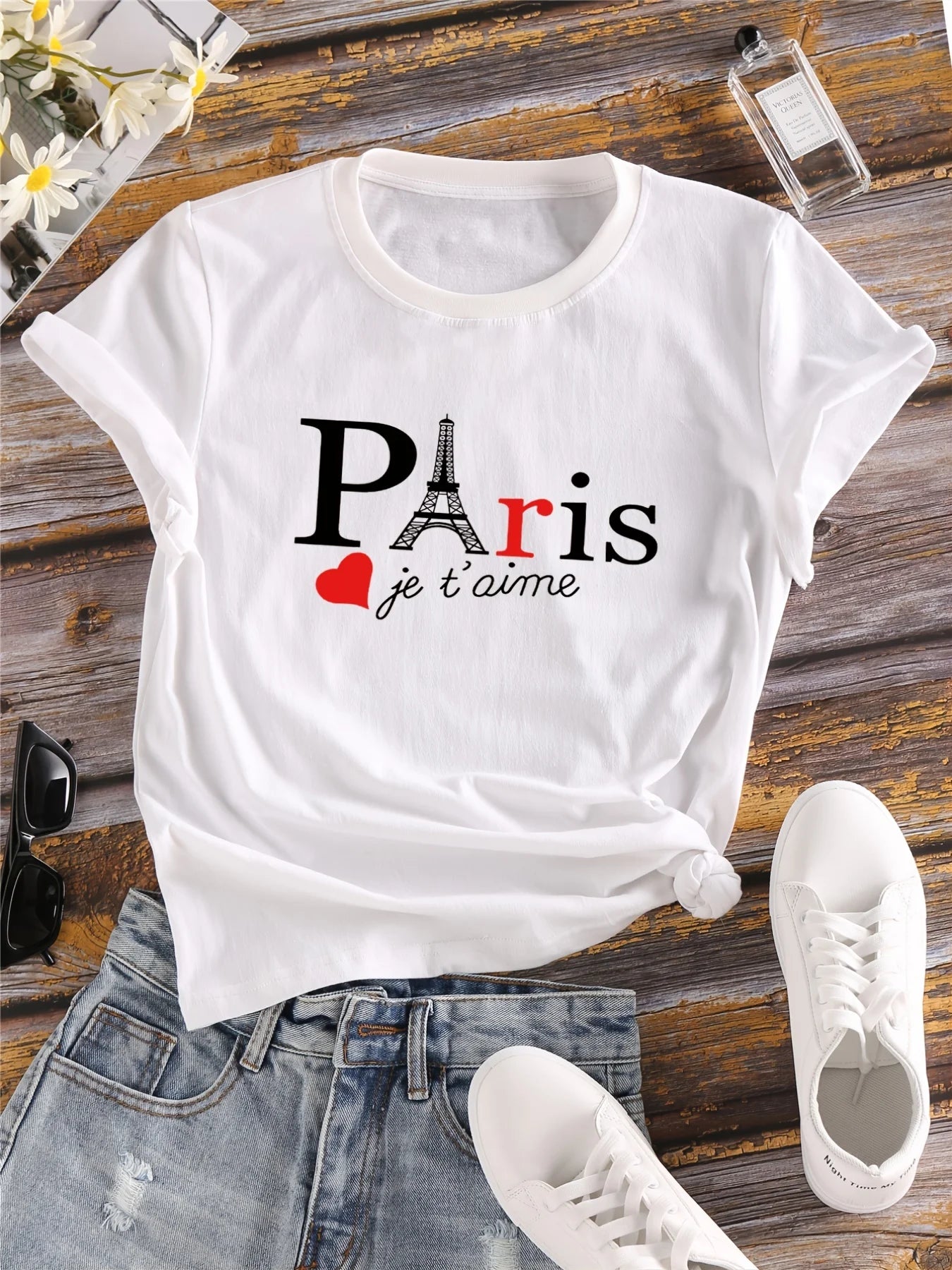 Camisetas con cuello redondo y estampado de letras de París para mujer, camisetas casuales de manga corta, camisetas casuales para todos los días, ropa para mujer, camisetas para mujer