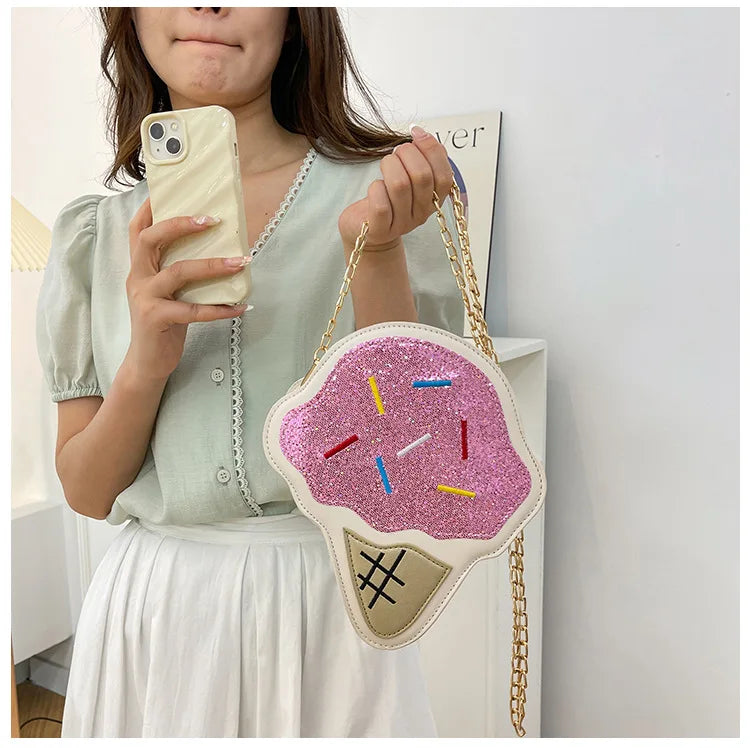 Ice CreamShape Shoulder Bag Style Cartoon Sequins Crossbody Bag Women Cute Chain Small Handbag