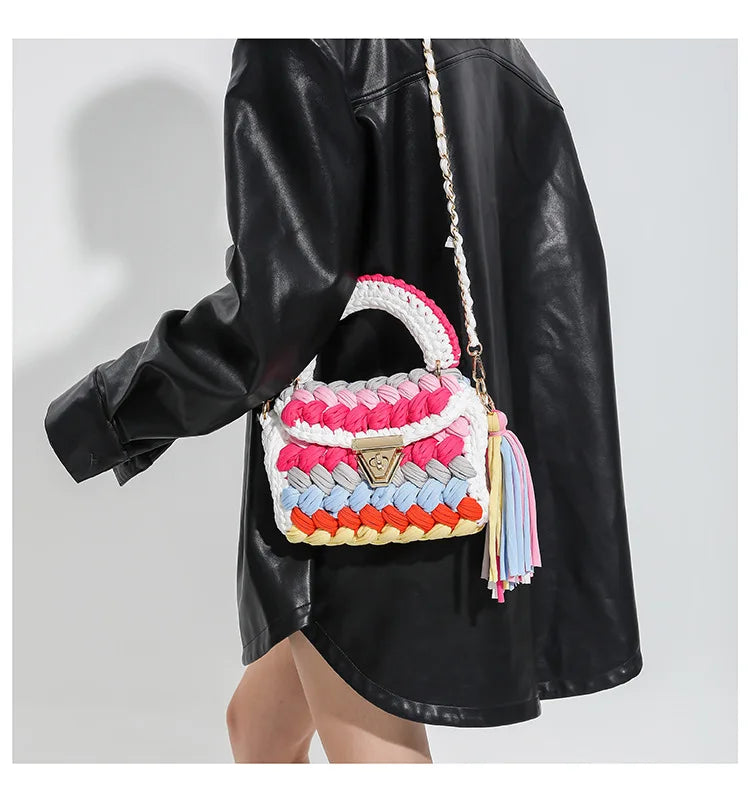 Fashion Colorful Crochet Women Handbags Trend Handmade Woven Chains Shoulder Crossbody Bag Small Flap Female Purses 2024