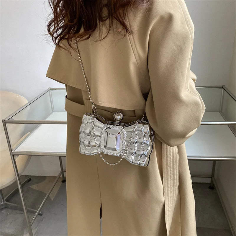 Women Acrylic Box Evening Bags Luxury Designer Bow Silver Color Metal Clutch Purses And Handbags Wedding Party