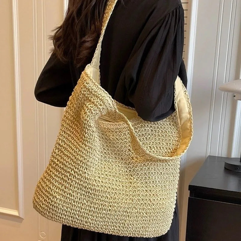 Bolso de mano informal de paja de gran capacidad, tejido para mujer, bolsos de hombro hechos a mano para playa de verano, bolsos grandes tipo shopper Bali 2024