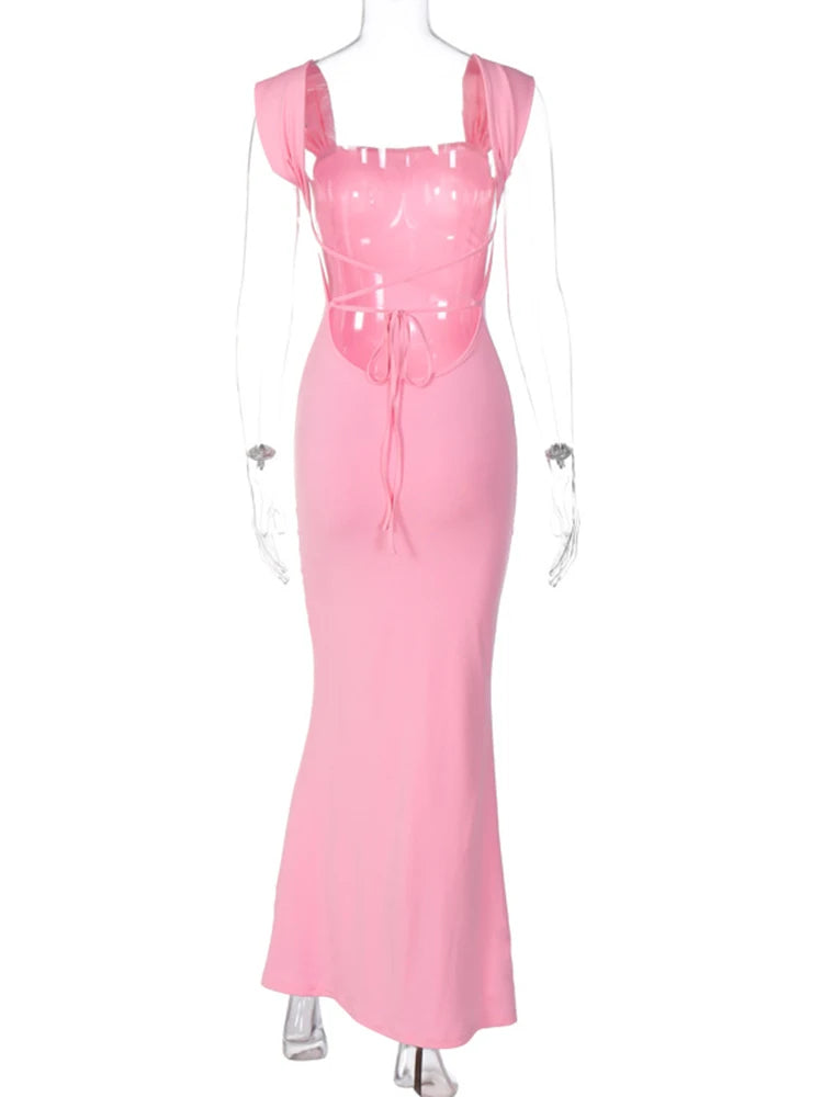 Dulzura Vestido largo rosa sin espalda con cordones para mujer, vestido ajustado sexy con tirantes finos, vestido elegante para fiesta, cumpleaños y noche