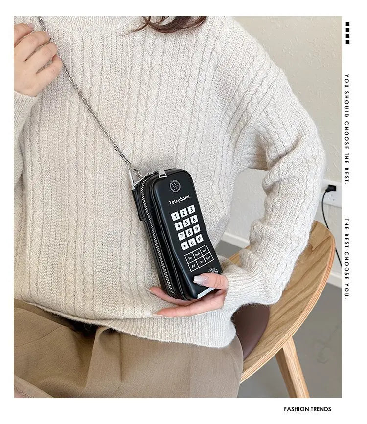 Lindo bolso de hombro para niñas, divertido bolso estilo teléfono móvil, moderno bolso bandolera de un solo hombro con cadena digital y estampado para mujer