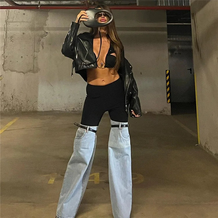 DEAT Fashion Women's Jeans High Waist Straight Patchwork PU Leather Buckle Streetwear Denim Pants Spring 2024 New Trend 17A2013H