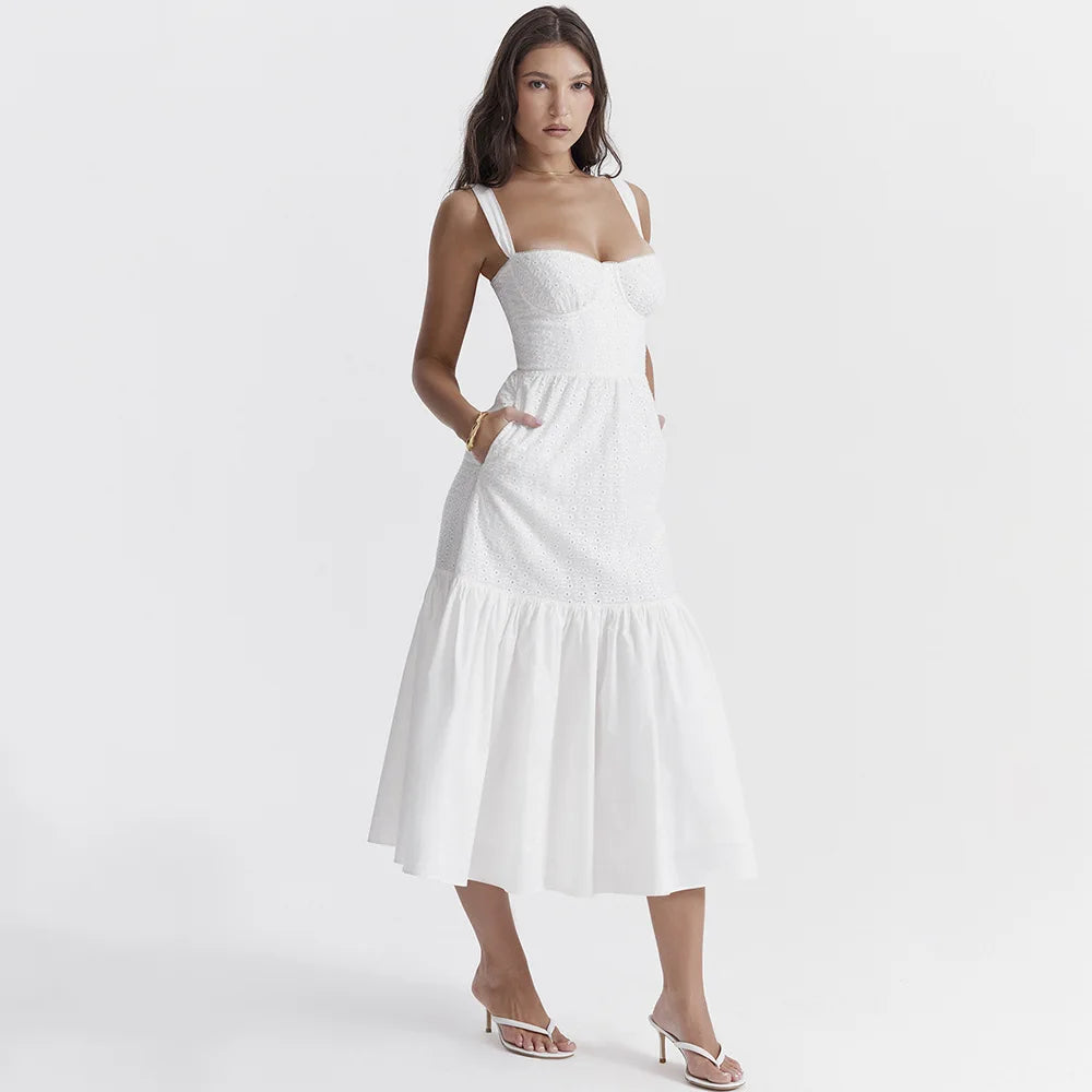 Suninheart - Vestido elegante y bonito de verano de alta calidad para mujer, vestido de jacquard de mezcla de algodón blanco, vestido de fiesta de vacaciones a media pierna