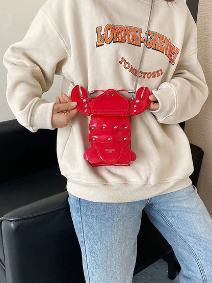 Funny Crayfish Shape Pu Shoulder Bag For Women Summer Red Phone Bag Girls' Chain Small Crossbody Bag