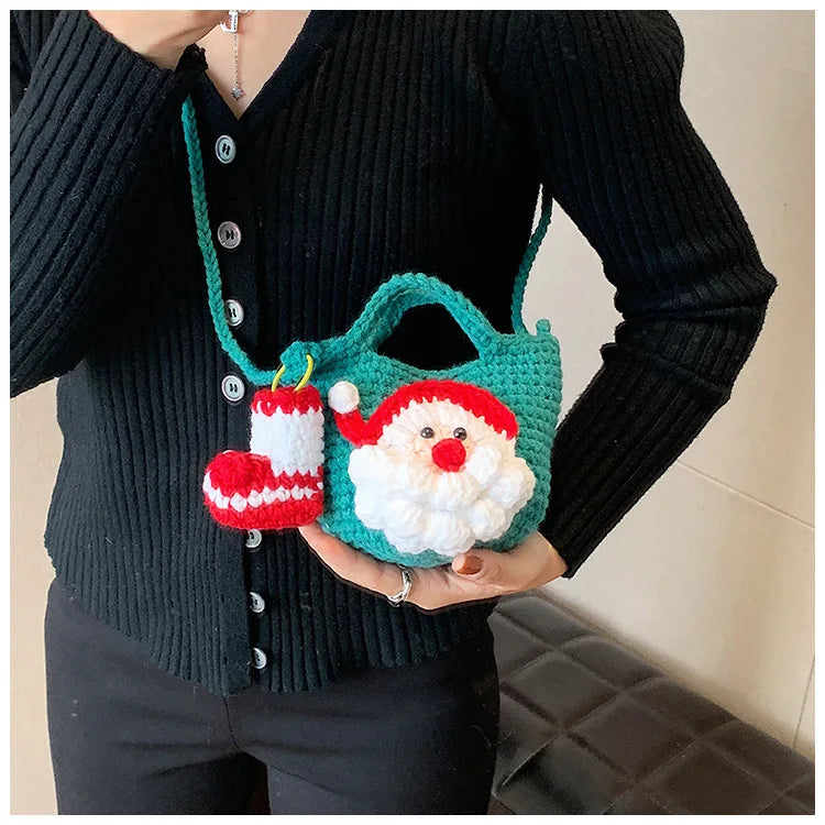 Bolso bandolera tejido a mano con dibujos animados para mujer, bolso para teléfono móvil, bolso bandolera pequeño de punto de Papá Noel, monedero, tarjetero, Kawai