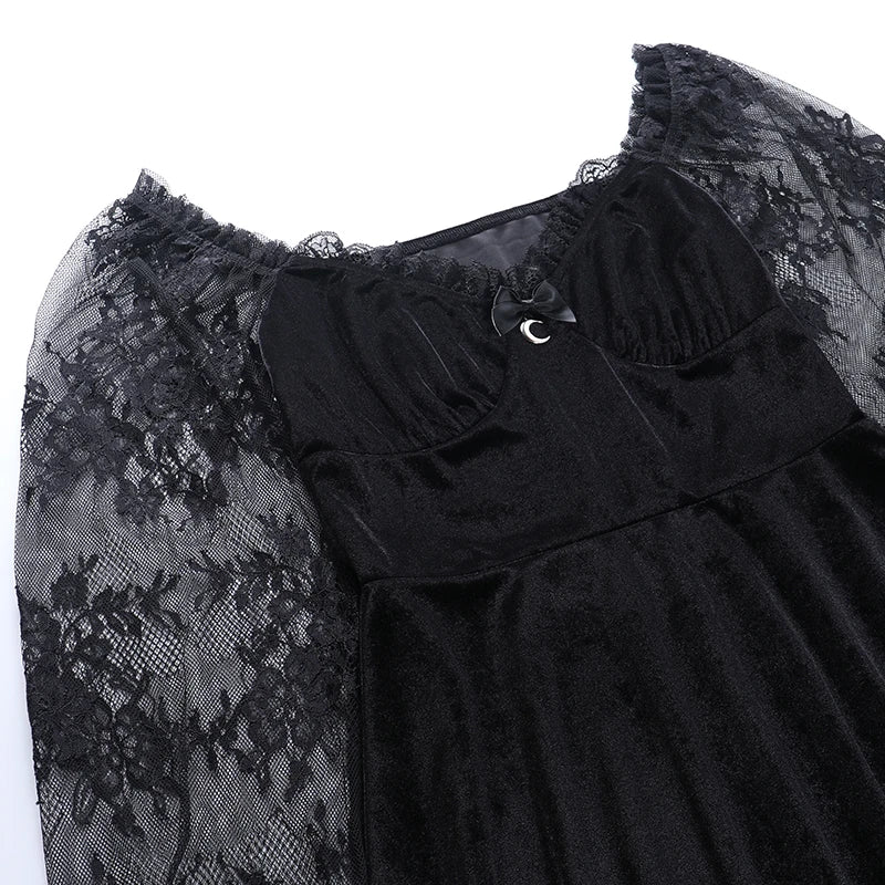 E-girlGrunge Gothic Black Mini Dress Lace Trim High Waist Bodycon Dress Y2K Women 90s Vintage Punk Harajuku Lolita Clothes