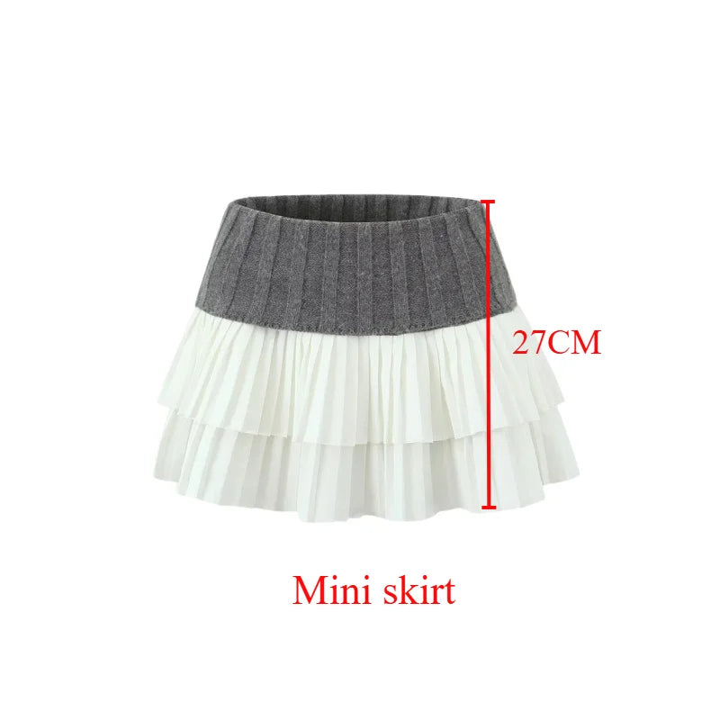 Suninheart Women Ribbed Knitted Parchwork Rbieed Pleated Mini DOUBLE LAYER SKIRT 2024