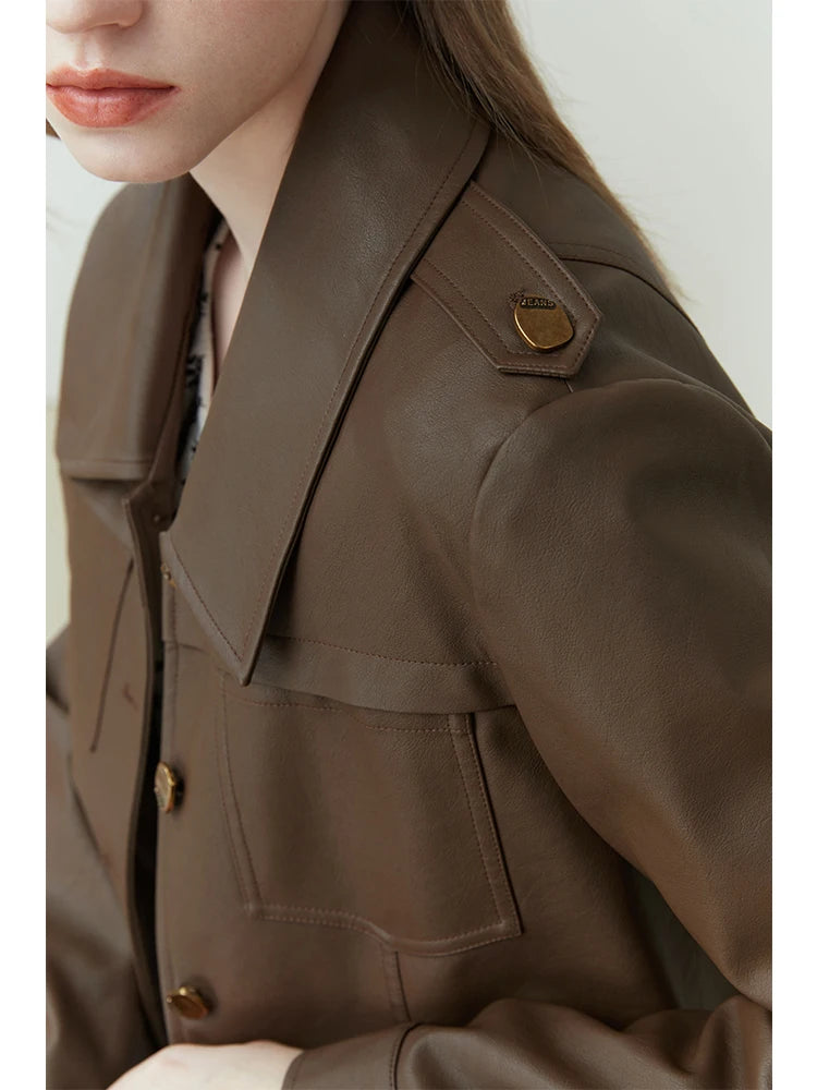 FSLE PU Leather Women Short Jackets Retro Brown Front Shoulder Leather Coats 2023 Spring New Full Sleeve Single Breasted Jacket