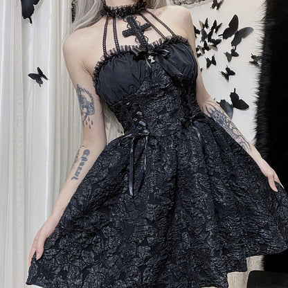 Goth Dark Mall Gothic Emo Jacquard A-line Dresses Elegant Grunge Ruched Bandage Partywear Punk Black Women Halloween Club Dress