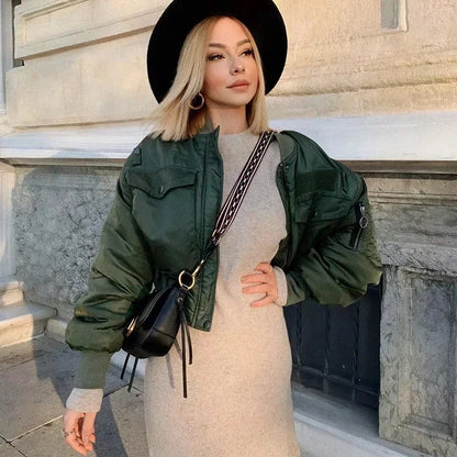 Suninheart Stylish Autumn Winter Green Short Jackets Women Oversized Long Sleeve Zipper Bomber Jacket Outwear Women's Coat