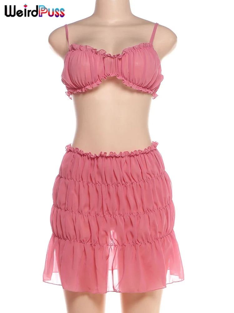 Conjunto de 2 piezas con volantes de Weird Puss para mujer, estilo playero de verano, camisola fina para vacaciones y falda fruncida en color melocotón en la cadera, ropa sexy a juego para discoteca