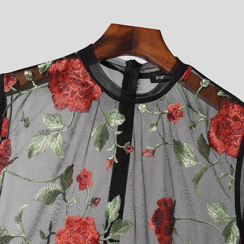 2024 Monos de hombre de malla transparente con bordado de flores, cuello redondo, manga corta, monos unisex de moda sexy, tallas S-5XL INCERUN