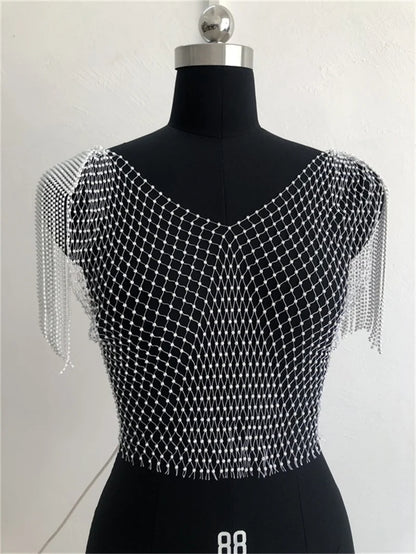 Camisetas transparentes de malla con diamantes para mujer, camisetas sexis de verano con agujeros para playa, para fiestas, clubes y raves, venta al por mayor