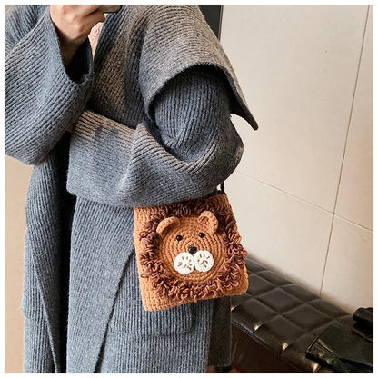 Cute Little Lion Bag For Girls Women's Funny Mobile Phone Coin Purse Winter Knitting Shoulder Crossbody Bag