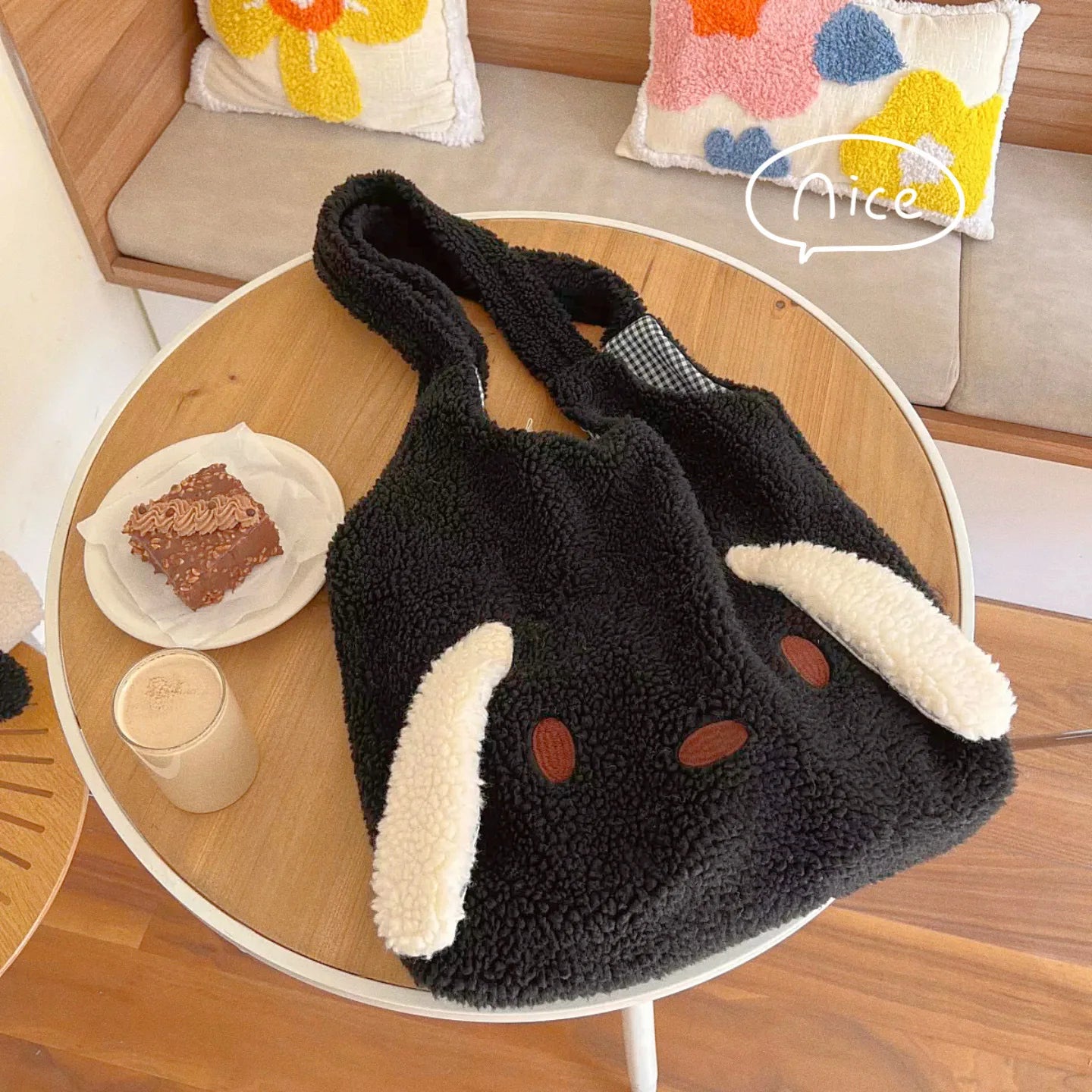 Bolso de hombro con orejas grandes de imitación de pelo de cordero para mujer, nuevo bolso de mano de felpa suave y cálido, bolso de compras de gran capacidad, bolsos kawaii