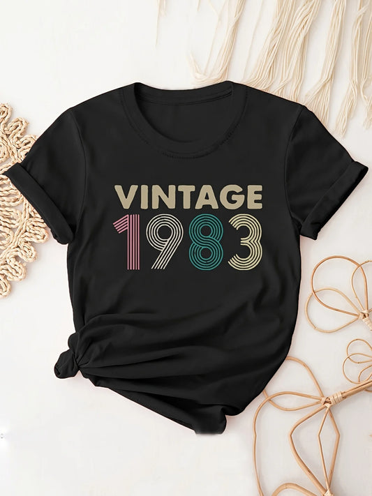 Camiseta con estampado vintage de 1983 para mujer, camiseta informal de cuello redondo y manga corta para todas las estaciones, ropa para mujer, camisetas para mujer