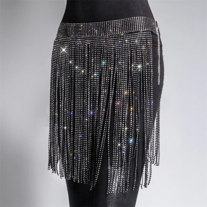 Falda de mujer de moda 2024 nueva cintura alta con borlas de diamantes de imitación faldas de noche para discoteca bar una línea sexy cinturón inferior de diamantes brillantes