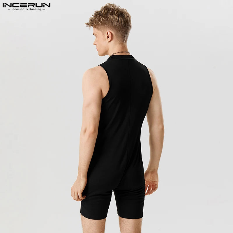 2023 Hommes Barboteuses Patchwork Revers Sans Manches Fermeture Éclair Streetwear Mode Combishorts Fitness Confortable Décontracté Hommes Combinaisons S-5XL INCERUN