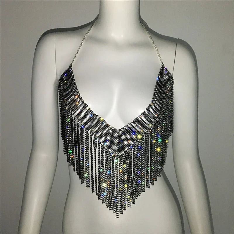 Chaleco con cuello halter y brillantes diamantes de imitación para mujer, top sexy de playa con borlas y cadena sin espalda para mujer, top corto calado para fiesta 2023