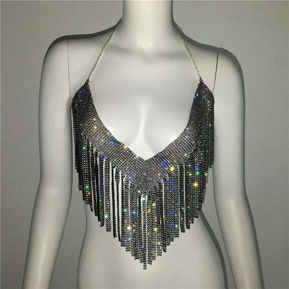 Chaleco con cuello halter y brillantes diamantes de imitación para mujer, top sexy de playa con borlas y cadena sin espalda para mujer, top corto calado para fiesta 2023