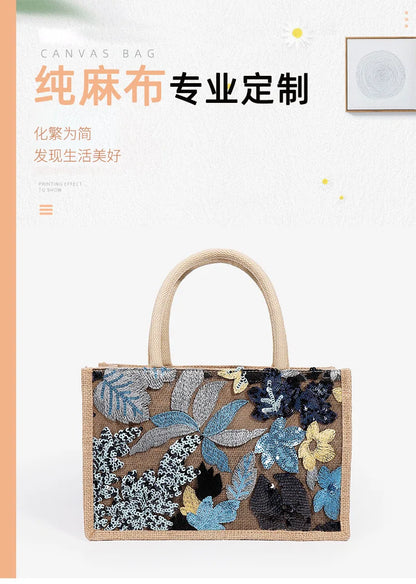 Sac fourre-tout brodé à paillettes tendance, petit sac à main élégant à fleurs pour femmes, sacs de plage d'été décontractés, sac cartable de vacances 2024