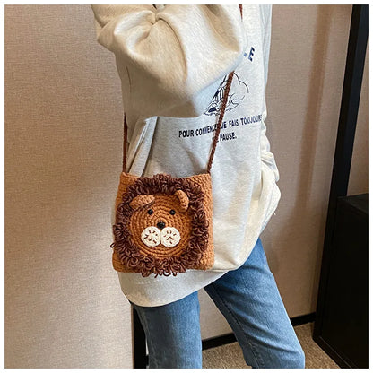 Cute Little Lion Bag For Girls Women's Funny Mobile Phone Coin Purse Winter Knitting Shoulder Crossbody Bag