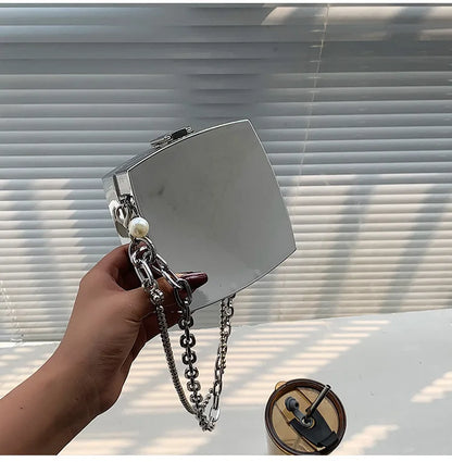 Luxury Silver Metal Box Bag Ladies Party Clutch Bag Evening Bag Chain Purse Crossbody Mini Bag Female Shoulder Bag Handbag Flap