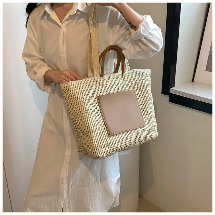 Casual Large Capacity Straw Tote Bag Hollow Paper Weave Women Shoulder Bags Handmade Summer Beach Handbag Big Bali Shopper Purse