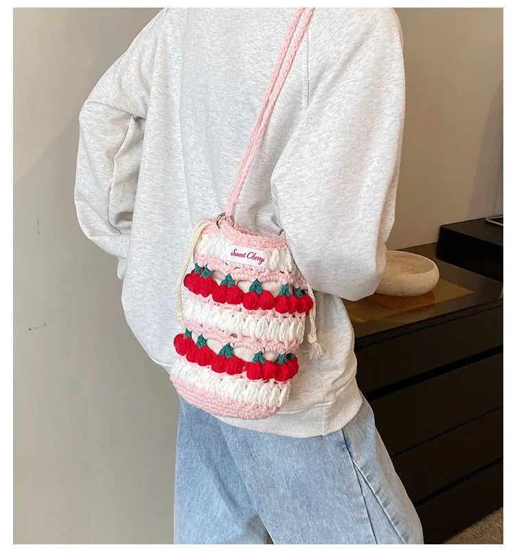 Handmade Woven Cherry Woolen Bag Fresh Fruit Woven Bag Crochet Knitted Bag Leisure String Shoulder Crossbody Bag 2024 New