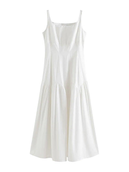 Vestido largo de tirantes blancos franceses FSLE 100 % algodón Verano 2024 Nuevo temperamento suelto hasta los tobillos Vestidos femeninos 24FS12048